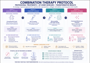 Combination therapy protocol flowchart showing sequential professional facial treatments layered with at-home retinoid skincare