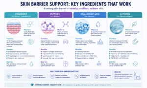 Infographic showing skin barrier-supporting ingredients including ceramides, peptides, hyaluronic acid, and their functions