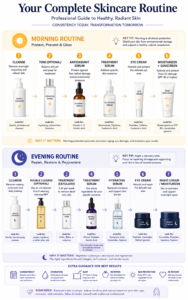 Complete morning and evening dermatological skincare routine guide showing step-by-step application order and products