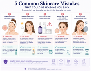 Infographic highlighting common dermatological skincare mistakes including over-exfoliation and barrier damage