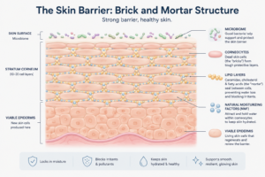 Diagram of skin barrier structure — lipid layers and corneocytes
