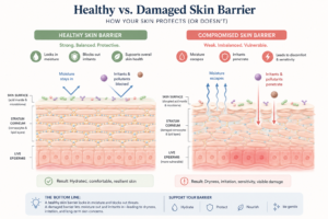 Healthy vs. damaged skin barrier comparison diagram