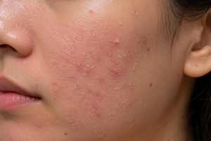 Close-up of skin during retinol ugly phase showing purge breakouts, redness, and mild peeling