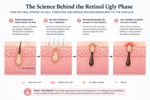 Skin cell turnover infographic showing how retinol pushes microcomedones to the surface causing the ugly phase