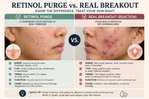 Side-by-side comparison showing retinol purge symptoms vs real breakout reaction on skin