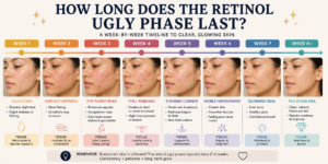 Week-by-week retinol ugly phase timeline from initial purge at week 1 to clear glowing skin at week 8