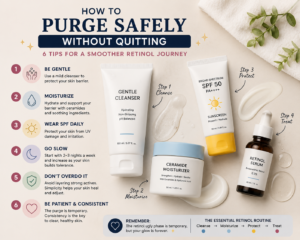 Essential skincare products to purge safely during the retinol ugly phase — cleanser, moisturizer, SPF, and retinol serum