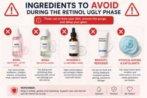 Skincare ingredients to avoid during retinol ugly phase including AHAs, BHAs, vitamin C, and benzoyl peroxide