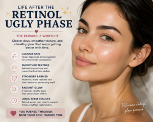 Clear glowing skin after surviving the retinol ugly phase showing long-term retinol results