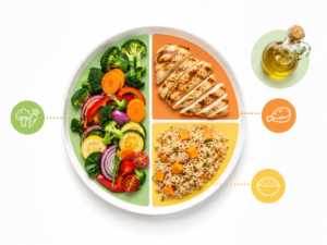 Science-based macronutrient plate showing 50% vegetables,
30% protein and 20% carbohydrates for weight loss nutrition