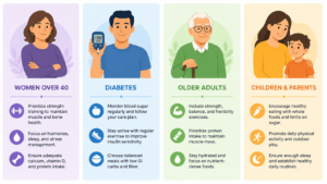 Special populations weight loss comparison card showing
tips for women over 40 diabetes seniors and children