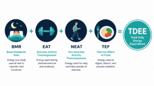 Energy balance equation infographic showing BMR EAT NEAT
and TEF components of total daily energy expenditure for
weight loss science