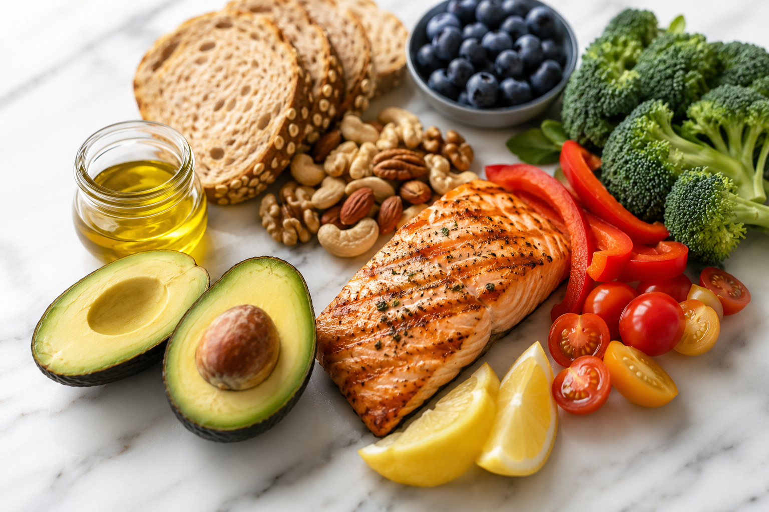 A colorful overhead flat lay of healthy weight loss diets foods including salmon, avocado, vegetables, nuts, and whole grains on a white marble surface