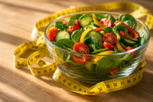 A measuring tape wrapped around a healthy salad bowl representing why weight loss diets are important for long-term health