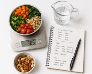 A digital food scale, measuring cup, and nutrition tracking journal showing the science of caloric deficit behind effective weight loss diets