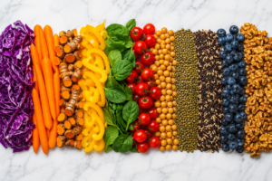 A DASH diet plate with colorful roasted vegetables, grilled chicken, brown rice, low-fat yogurt, and fresh berries on a white background