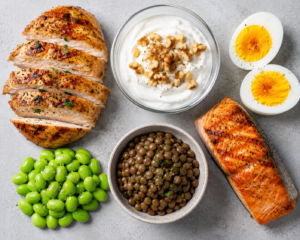 A rainbow flat lay of colorful plant-based diet foods including vegetables, legumes, whole grains, and fruits arranged by color spectrum on white marble