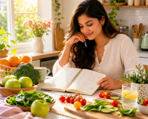 A woman reviewing a meal planning notebook at a kitchen table surrounded by fresh produce, showing how to choose the right weight loss diet plan