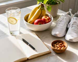 A motivational flat lay of a water glass, food journal, fresh fruit, and running shoes representing the universal tips for success on any weight loss diet