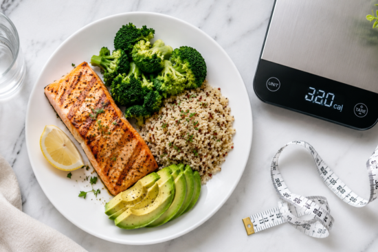 Healthy calorie deficit meal with grilled salmon, broccoli, quinoa and a food scale showing 320 calories — calorie deficit diet for weight loss