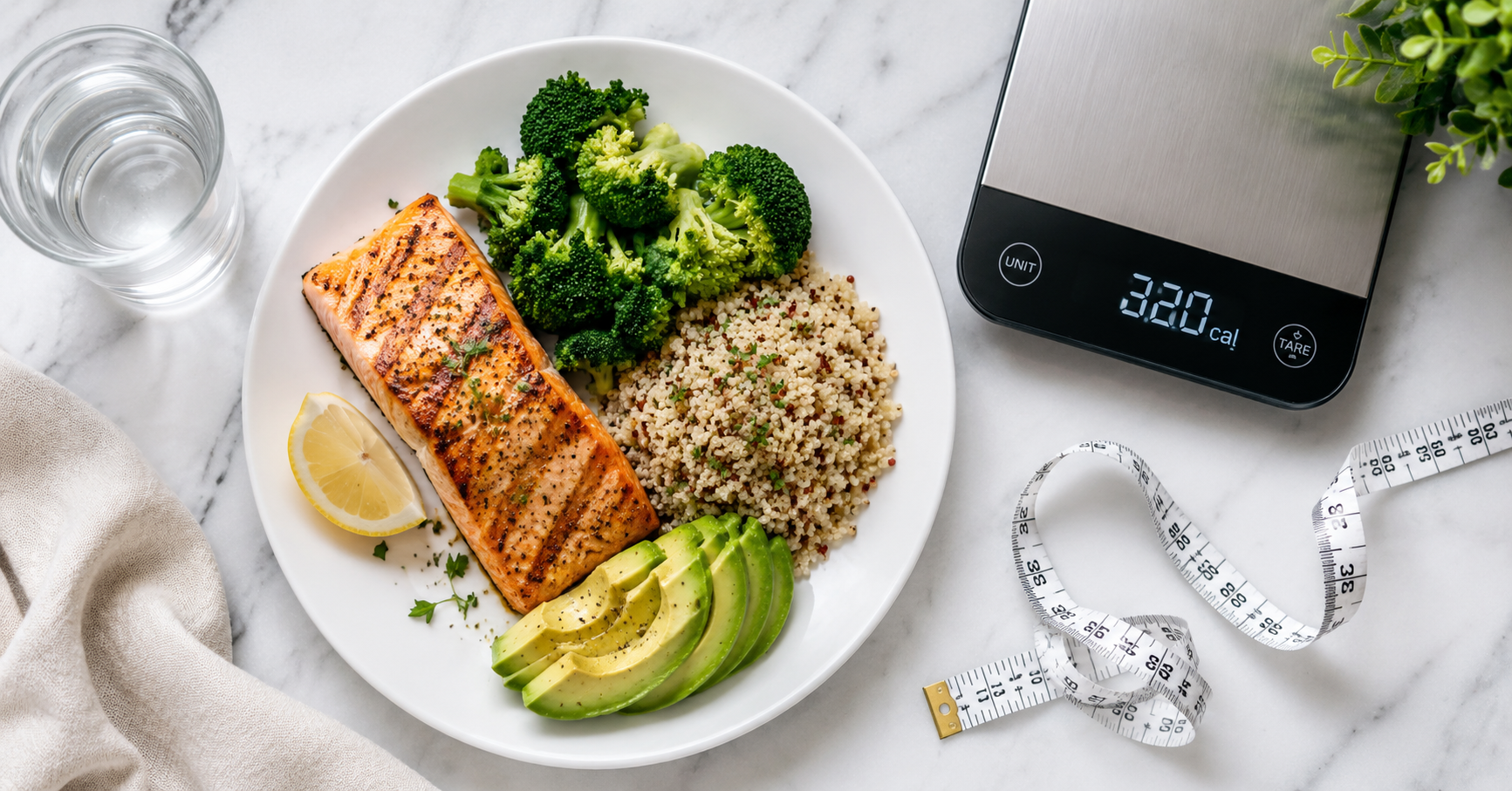 Healthy calorie deficit meal with grilled salmon, broccoli, quinoa and a food scale showing 320 calories — calorie deficit diet for weight loss