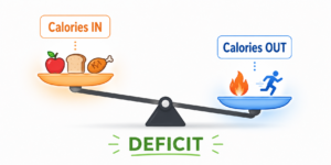 Illustration of a balance scale showing calories in versus calories out, tipping toward a calorie deficit for weight loss