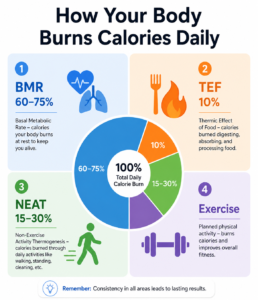 Infographic showing 4 ways the body burns calories daily — BMR, TEF, NEAT, and exercise — for a calorie deficit diet for weight loss