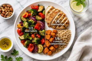 Balanced meal plate with lean protein, vegetables, and complex carbs for maintaining nutrition on a calorie deficit diet for weight loss