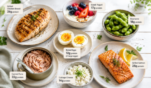 High-protein foods including chicken, eggs, Greek yogurt, salmon, and cottage cheese for a calorie deficit diet for weight loss