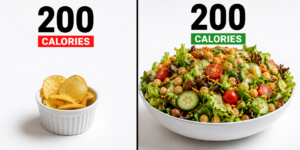 Volume eating comparison — 200 calories of chips vs 200 calories of salad showing the power of low-calorie high-volume foods on a calorie deficit diet