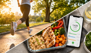 Person jogging outdoors and healthy meal prep containers showing how combining exercise and diet creates an effective calorie deficit for weight loss