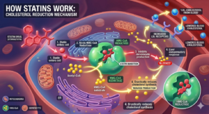 Diagram showing how statin medications work in the liver and bloodstream