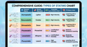 Chart comparing different types of statin medications by potency and cholesterol reduction