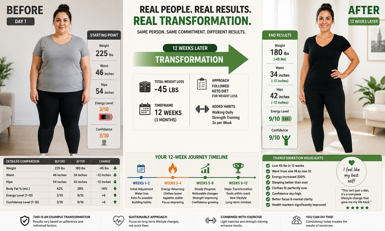 Motivational before and after comparison images showing physical transformation from keto diet for weight loss, displaying significant weight loss results, improved body composition, and increased confidence over visible timeline