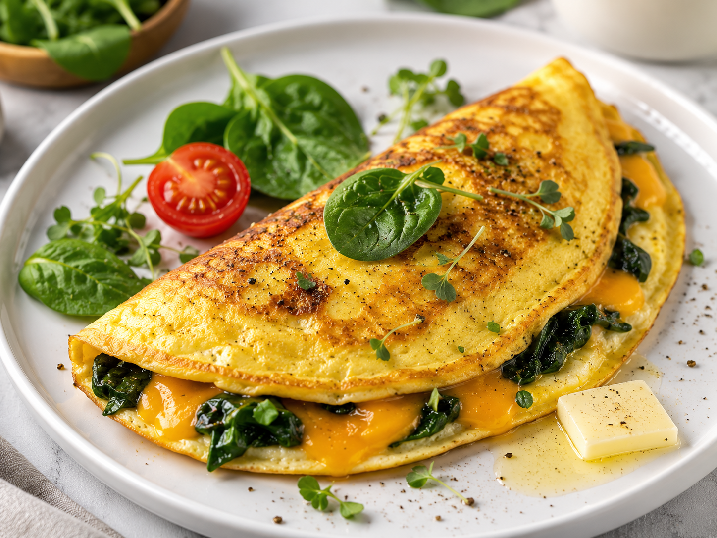 Low carb breakfast omelet with spinach and cheese: golden fluffy eggs cooked in butter, fresh spinach wilted inside, melted cheddar cheese, served on white ceramic plate with pat of butter, morning meal for weight loss diet