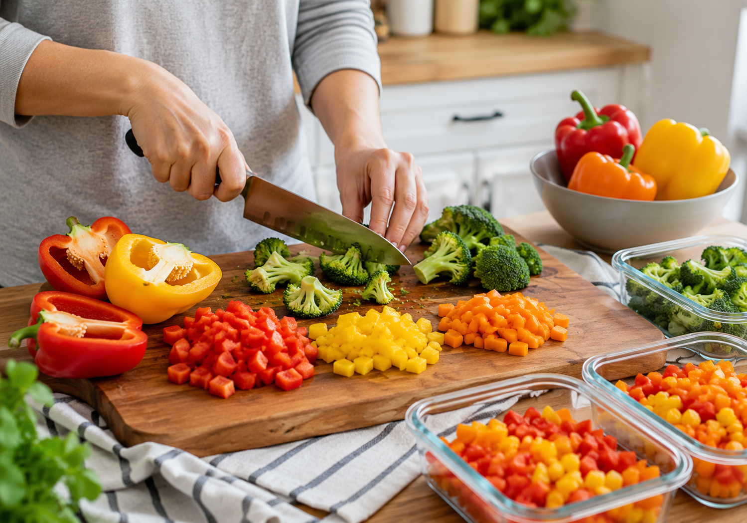 Close-up of hands chopping bell peppers and preparing broccoli florets on a cutting board during a batch meal prep session.