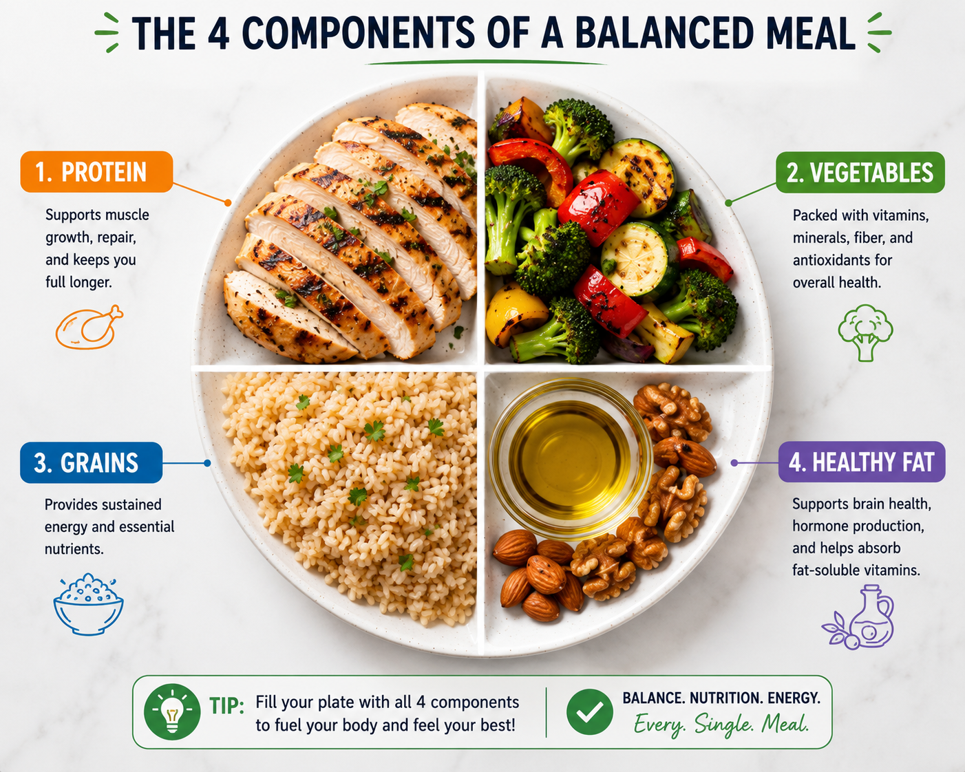 Four meal components for weight loss nutrition: 35g grilled chicken breast, roasted non-starchy vegetables, ¾ cup cooked brown rice, and 1 tablespoon olive oil, arranged to show balanced macronutrient distribution.