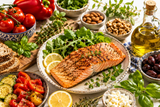 Mediterranean diet for weight loss spread featuring fresh grilled salmon, extra virgin olive oil, colorful vegetables including bell peppers and zucchini, whole grain bread, fresh herbs, kalamata olives, lemon slices, nuts, and feta cheese arranged on Mediterranean-style dishware with white and blue linens