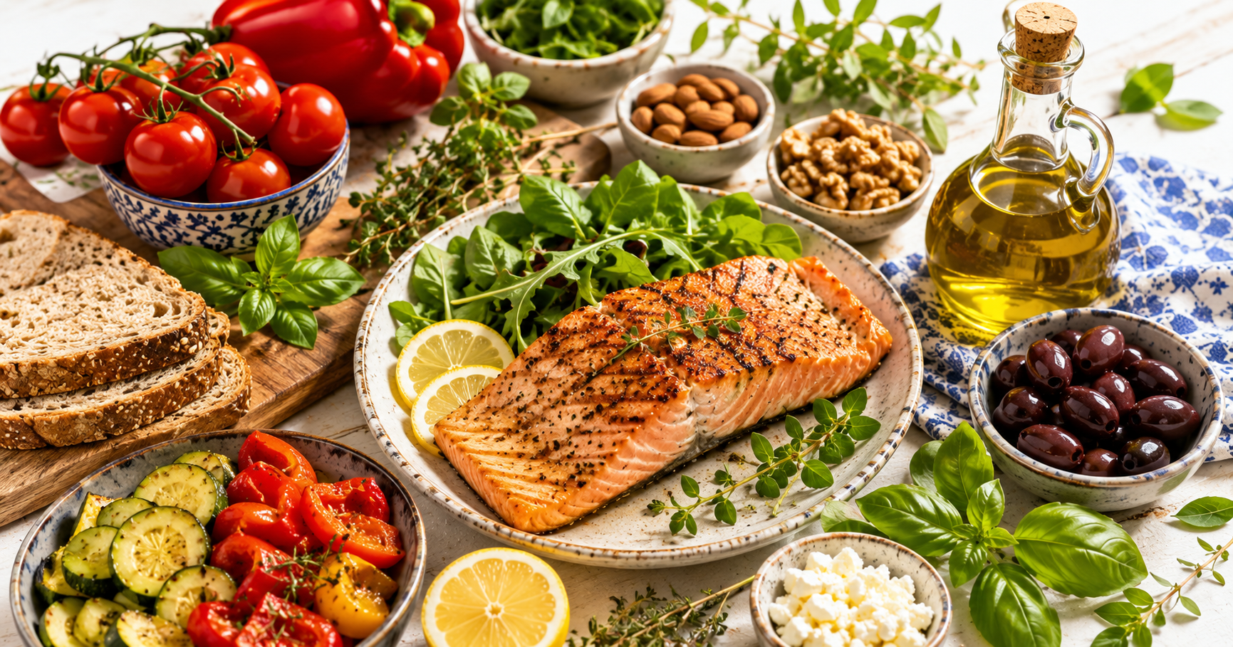Mediterranean diet for weight loss spread featuring fresh grilled salmon, extra virgin olive oil, colorful vegetables including bell peppers and zucchini, whole grain bread, fresh herbs, kalamata olives, lemon slices, nuts, and feta cheese arranged on Mediterranean-style dishware with white and blue linens