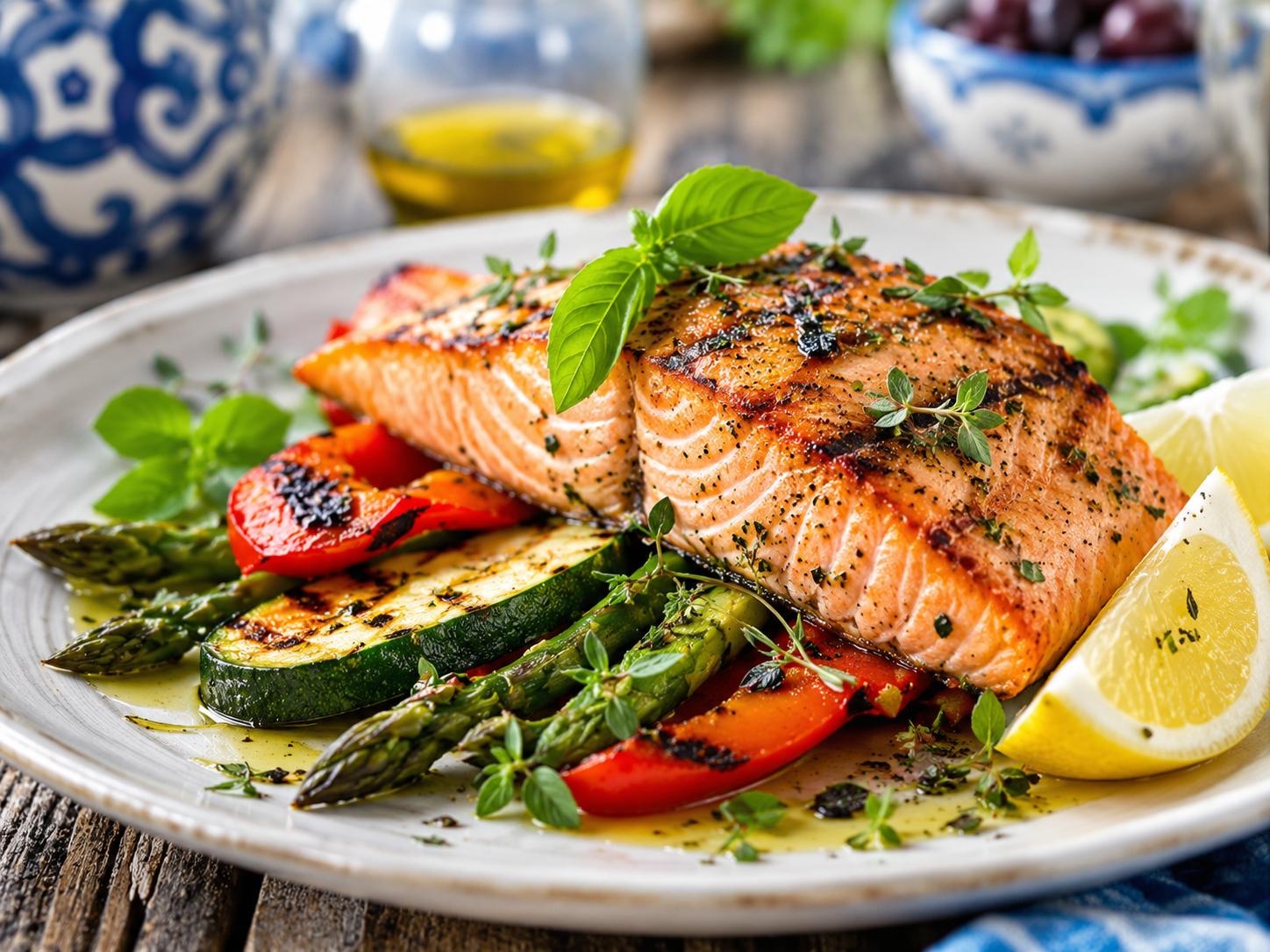 Mediterranean grilled salmon recipe with colorful vegetables, extra virgin olive oil, and fresh herbs - quick, heart-healthy weight loss meal for Mediterranean diet
