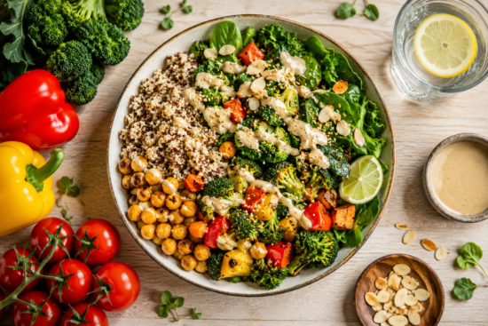 Overhead view of a vibrant plant-based bowl containing quinoa, chickpeas, roasted vegetables, leafy greens, nuts, and seeds arranged on a wooden table with fresh vegetables beside it. A plant-based diet for weight loss.