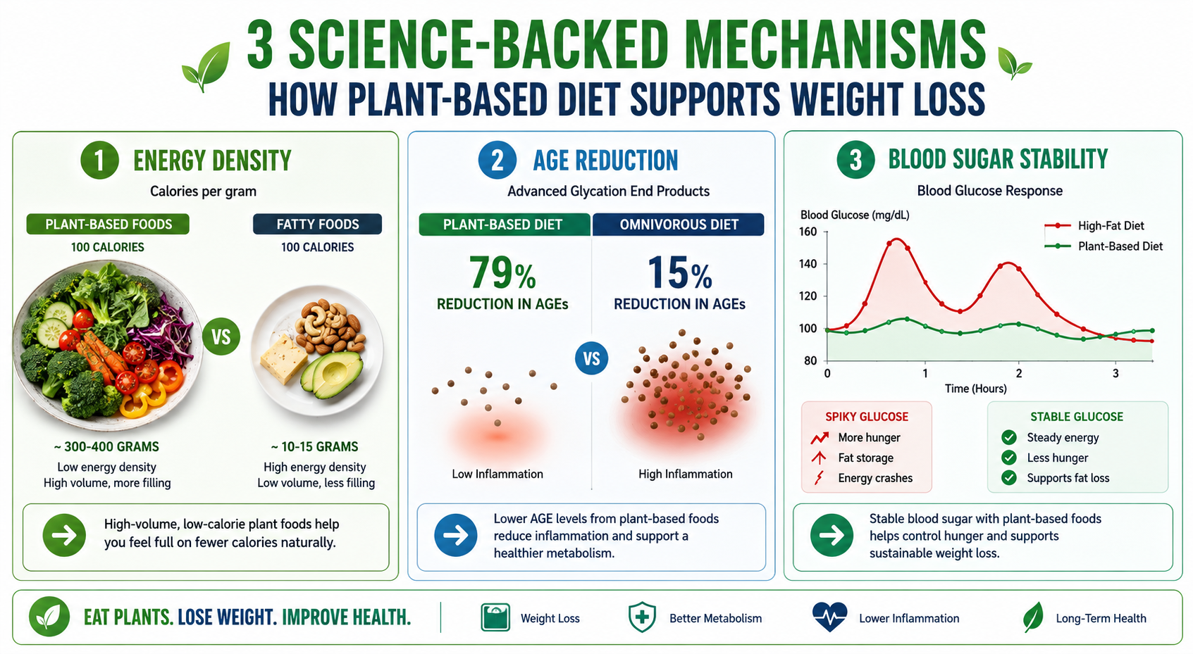 Infographic showing three mechanisms of plant-based weight loss: low energy density for satiety, AGE reduction for inflammation decrease (79% vs 15%), and blood sugar stability for hunger reduction