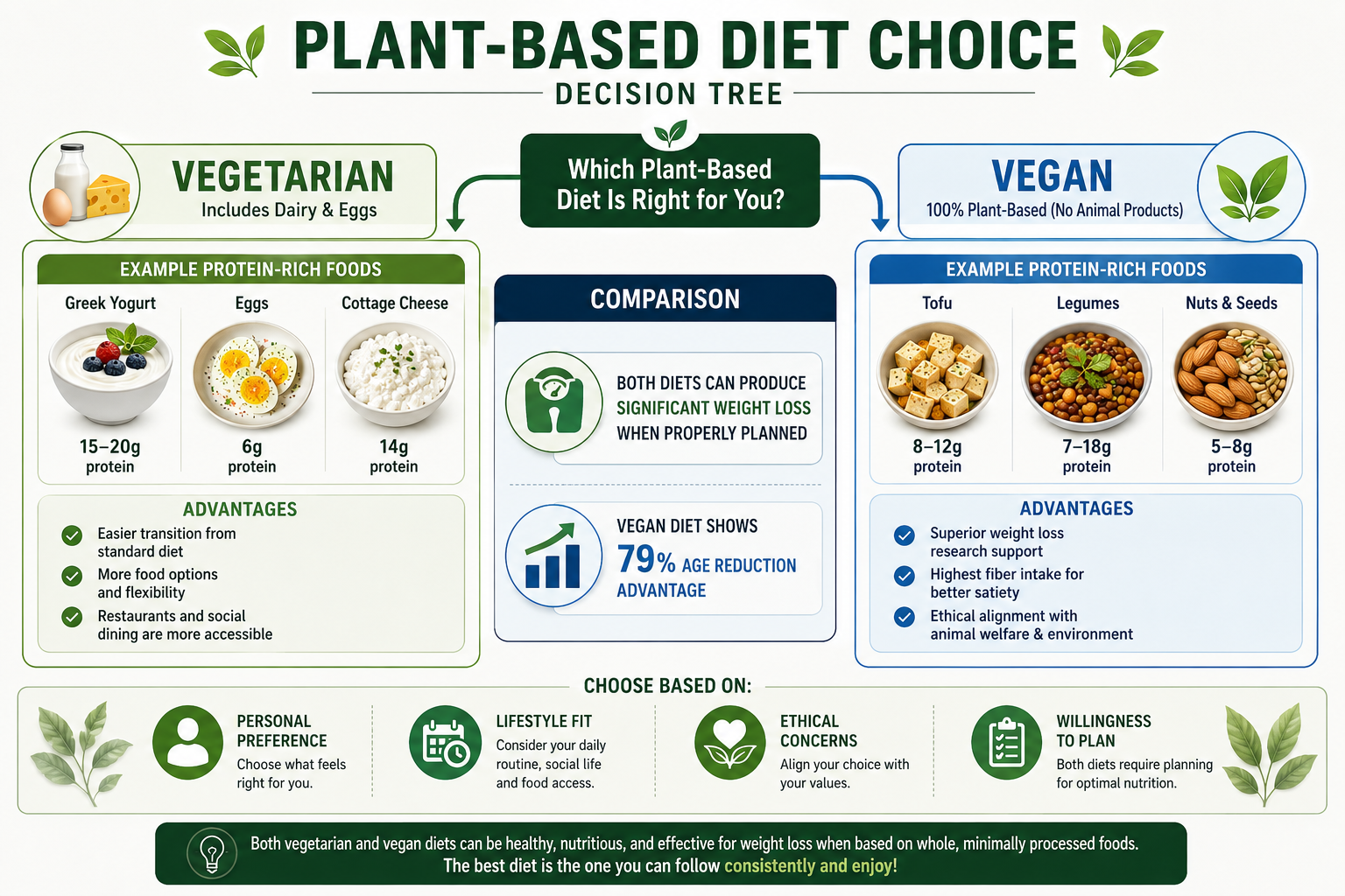 Comparison chart showing vegetarian diet (includes dairy and eggs with examples like Greek yogurt, eggs, cheese) versus vegan diet (plant-only with examples like tofu, legumes, nuts) with decision criteria and research-supported outcomes