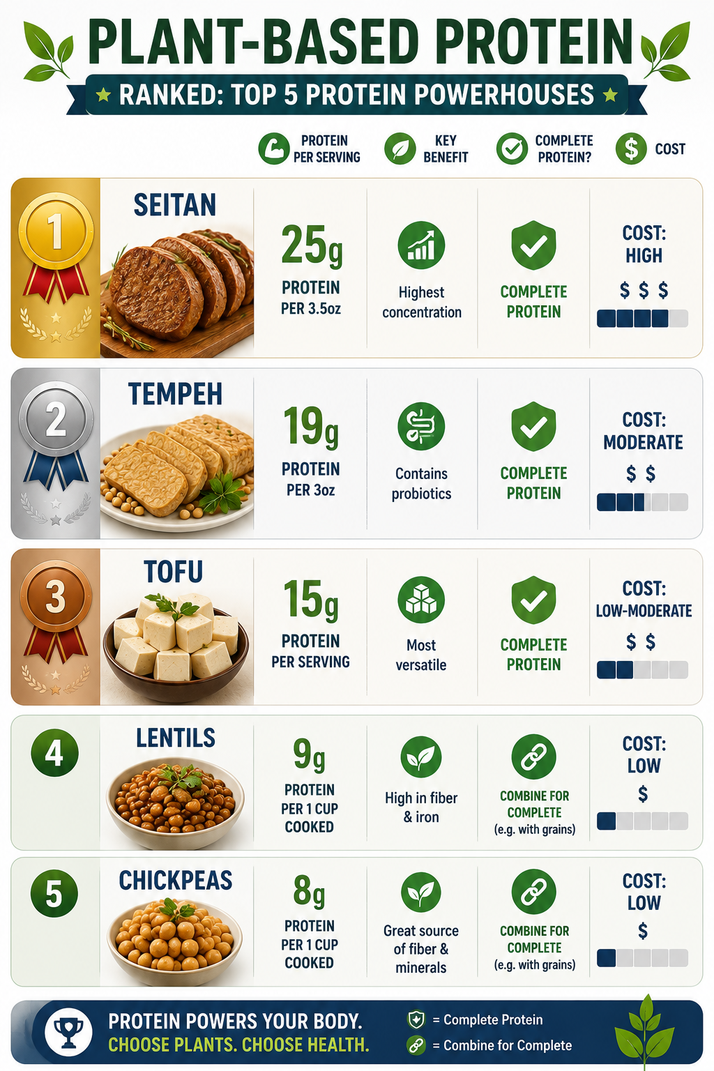 Vertical ranking chart showing plant-based protein sources from highest to lowest: Seitan (25g/3.5oz) at top, then Tempeh (19g/3oz), Tofu (15g/serving), Lentils (9g/cup), Chickpeas (9g/serving), with food images, protein amounts, cost indicators, and key benefits for each