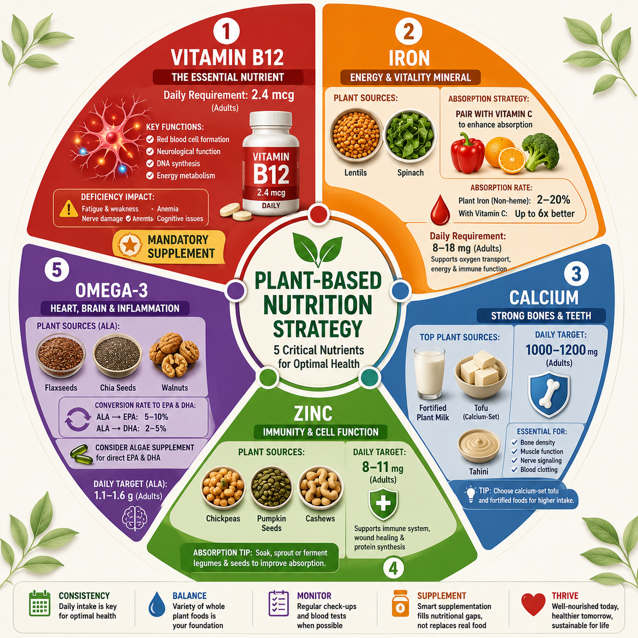 Comprehensive nutrition guide showing Vitamin B12 (2.4mcg mandatory supplementation), Iron (pair with Vitamin C), Calcium (1000-1200mg daily), Zinc, and Omega-3 fatty acids with food sources, daily requirements, and bioavailability tips for each nutrient