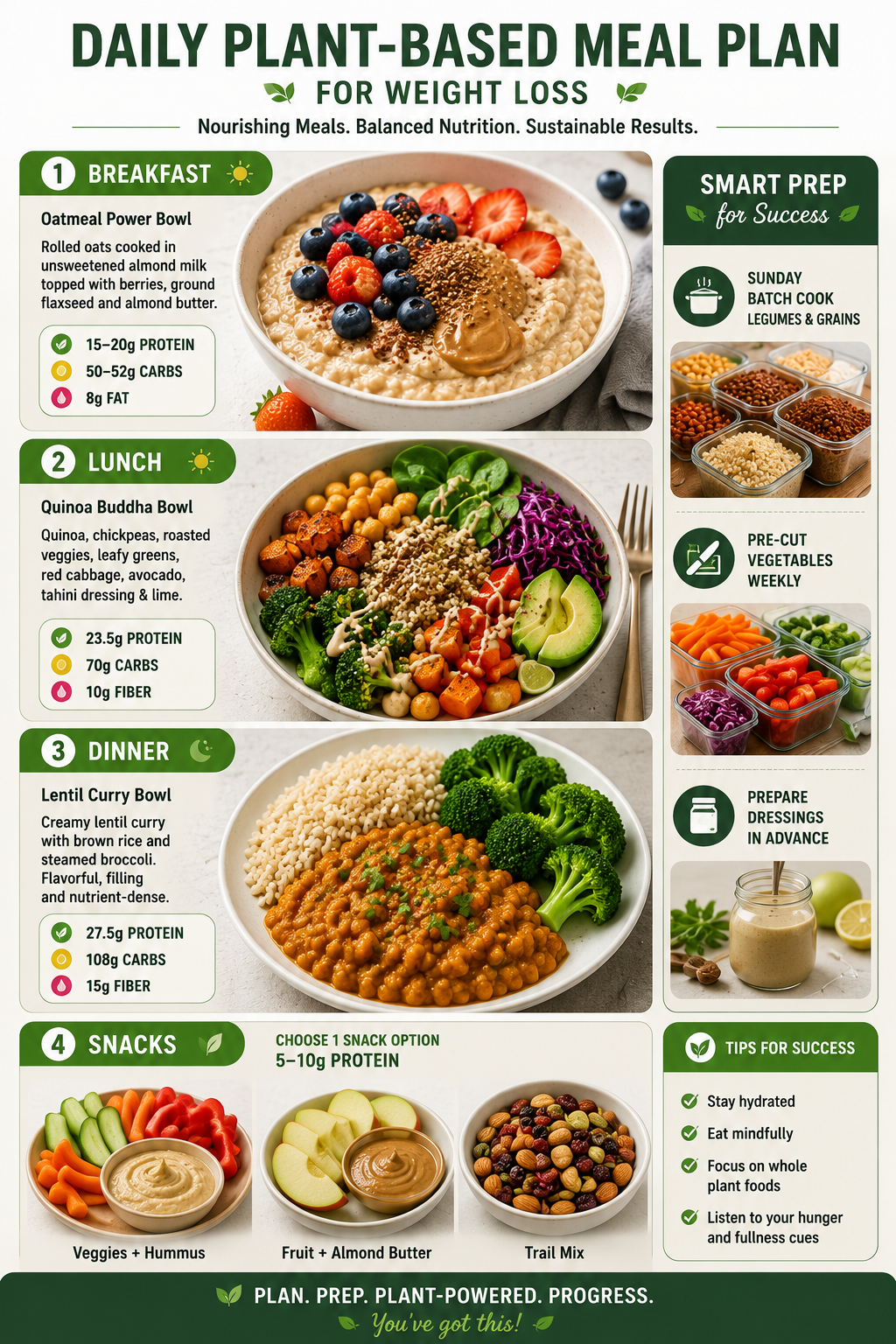 Visual meal planning guide showing breakfast (oatmeal with berries, 15-20g protein), lunch (Buddha bowl with quinoa and chickpeas, 20-25g protein), dinner (lentil curry with brown rice, 27.5g protein), and snacks with nutritional breakdowns for each meal