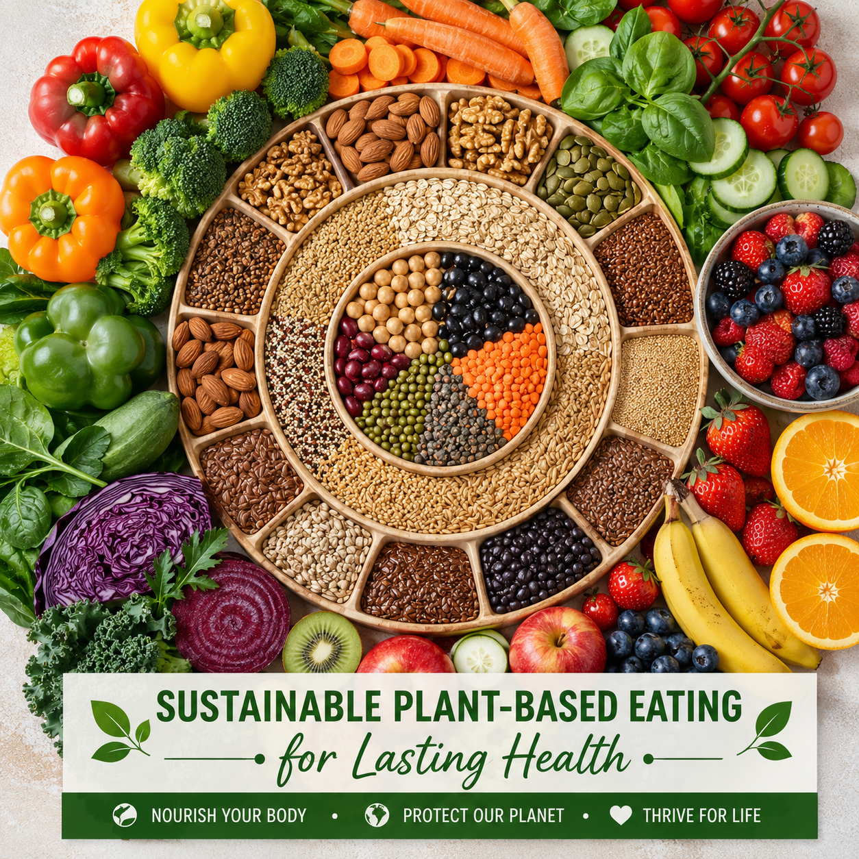 Inspiring circular arrangement of diverse whole plant foods including legumes, whole grains, nuts, seeds, colorful vegetables and fruits representing sustainable long-term plant-based diet approach with motivational text about consistency and health benefits