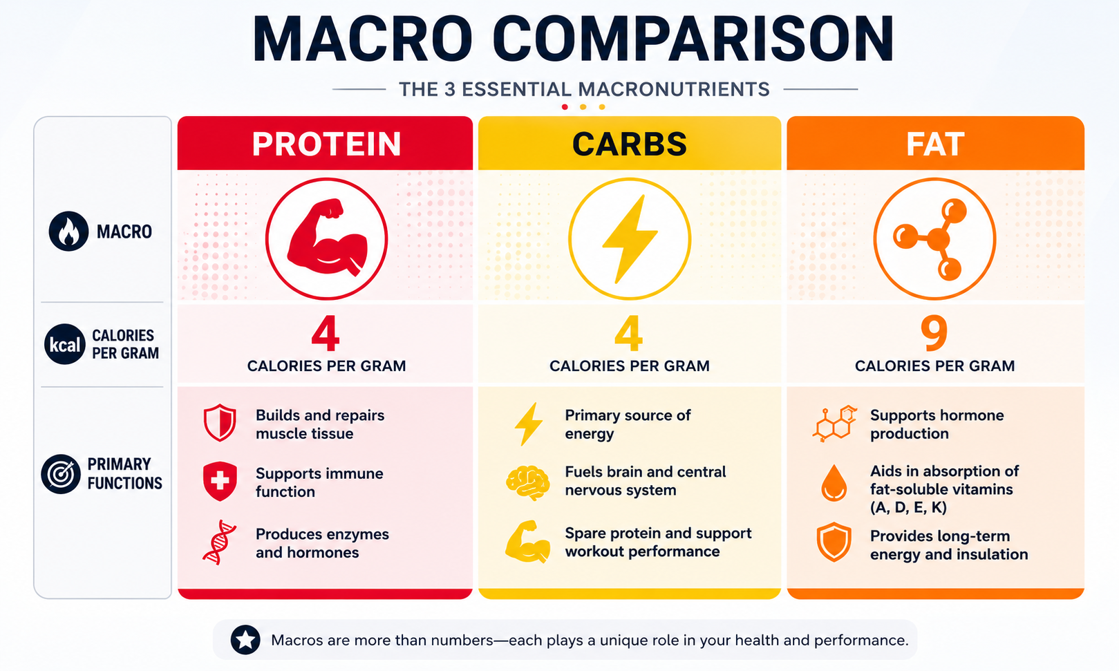 Macronutrient comparison table showing protein, carbohydrates, and fat calories per gram