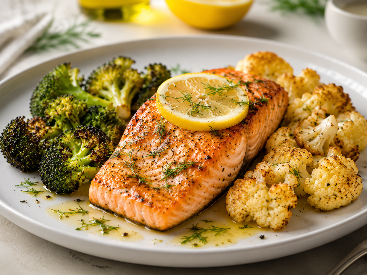 Grilled lemon butter salmon with roasted vegetables: wild-caught salmon filet with lemon slice and fresh dill, roasted broccoli and cauliflower florets, olive oil drizzle, served on white plate, dinner meal for low carb diet weight loss
