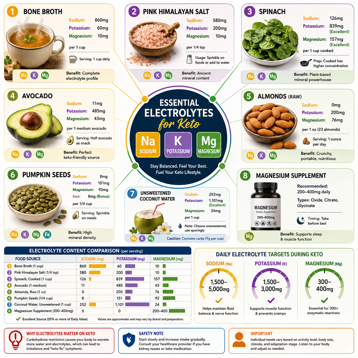 Visual guide to electrolyte-rich foods for keto diet for weight loss including bone broth, pink Himalayan salt, spinach, avocado, almonds, and pumpkin seeds with sodium, potassium, magnesium content charts